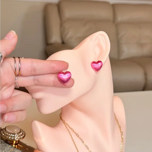 Elegant Pink Heart Stud Earrings - Picture 5 of 10